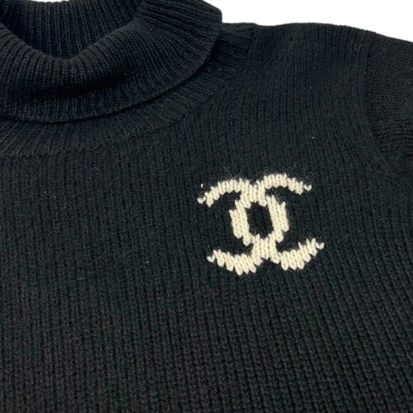 CHANEL Vintage Big CC Logo Knit Sweater Turtleneck Top Black Cashmere [105663] - Picture 9 of 12